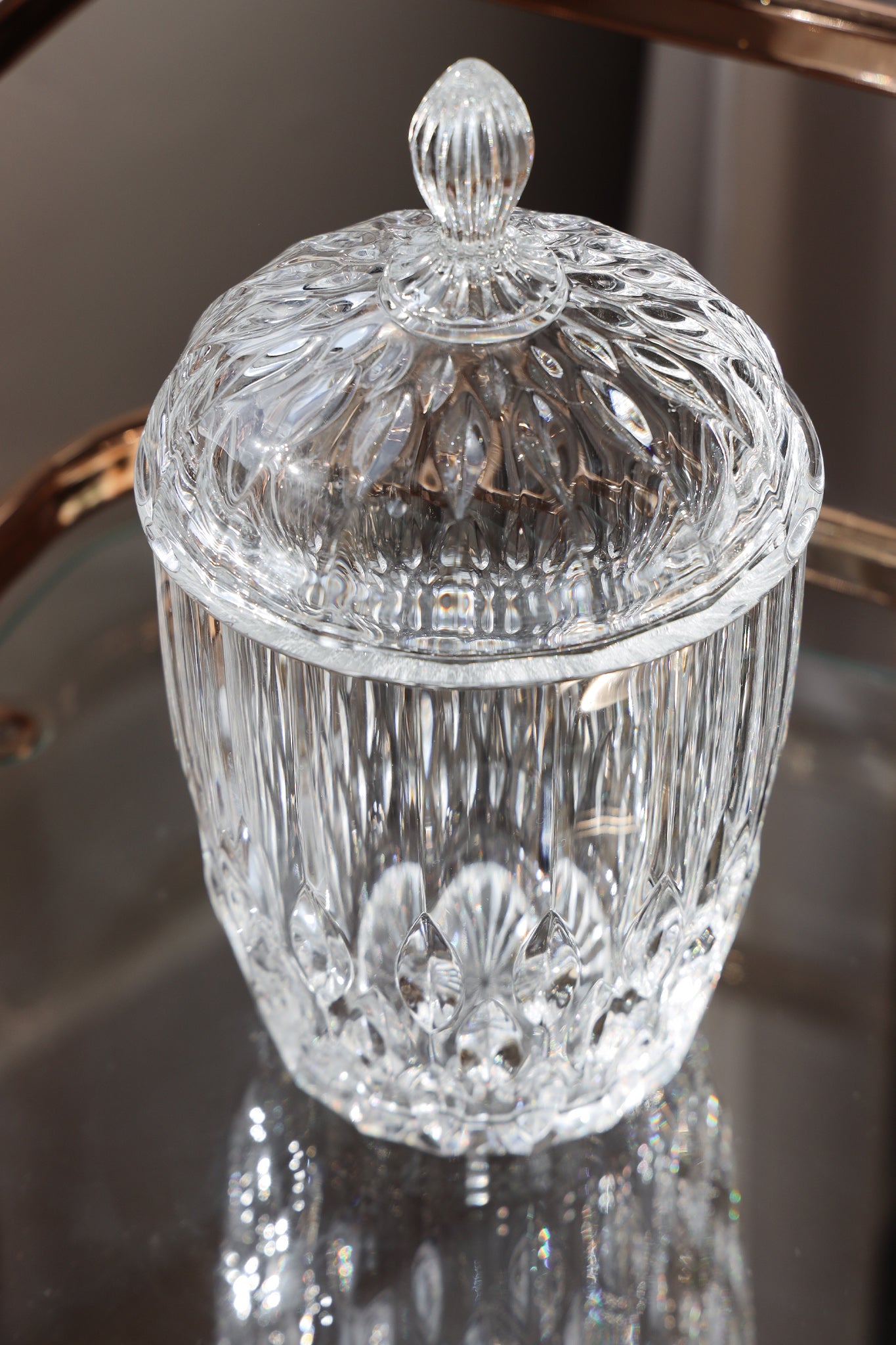 Vintage Cut-Glass Lidded Candy Jar — Diamond Ripple Pattern