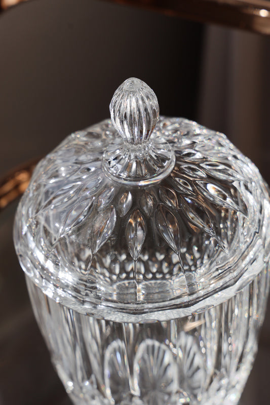 Vintage Cut-Glass Lidded Candy Jar — Diamond Ripple Pattern