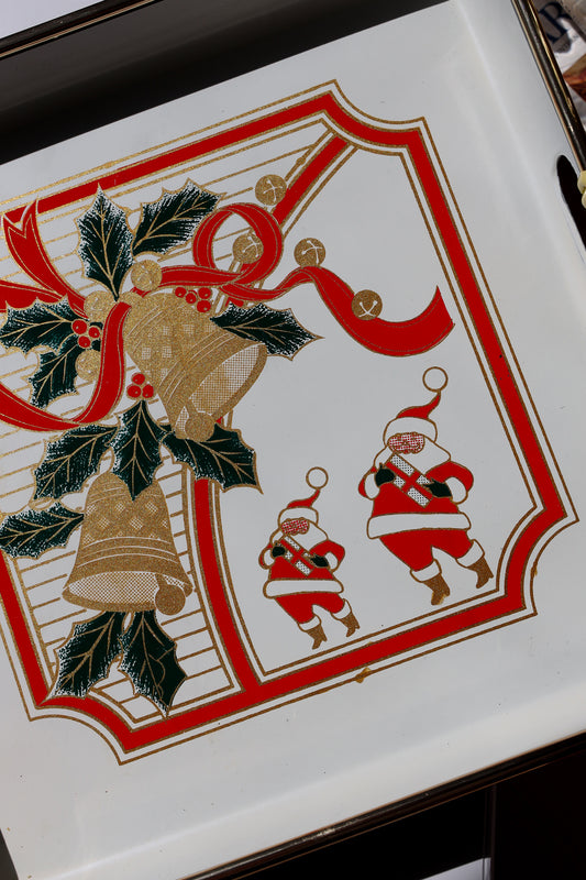 Vintage Holiday Bells & Santa Metal Serving Tray
