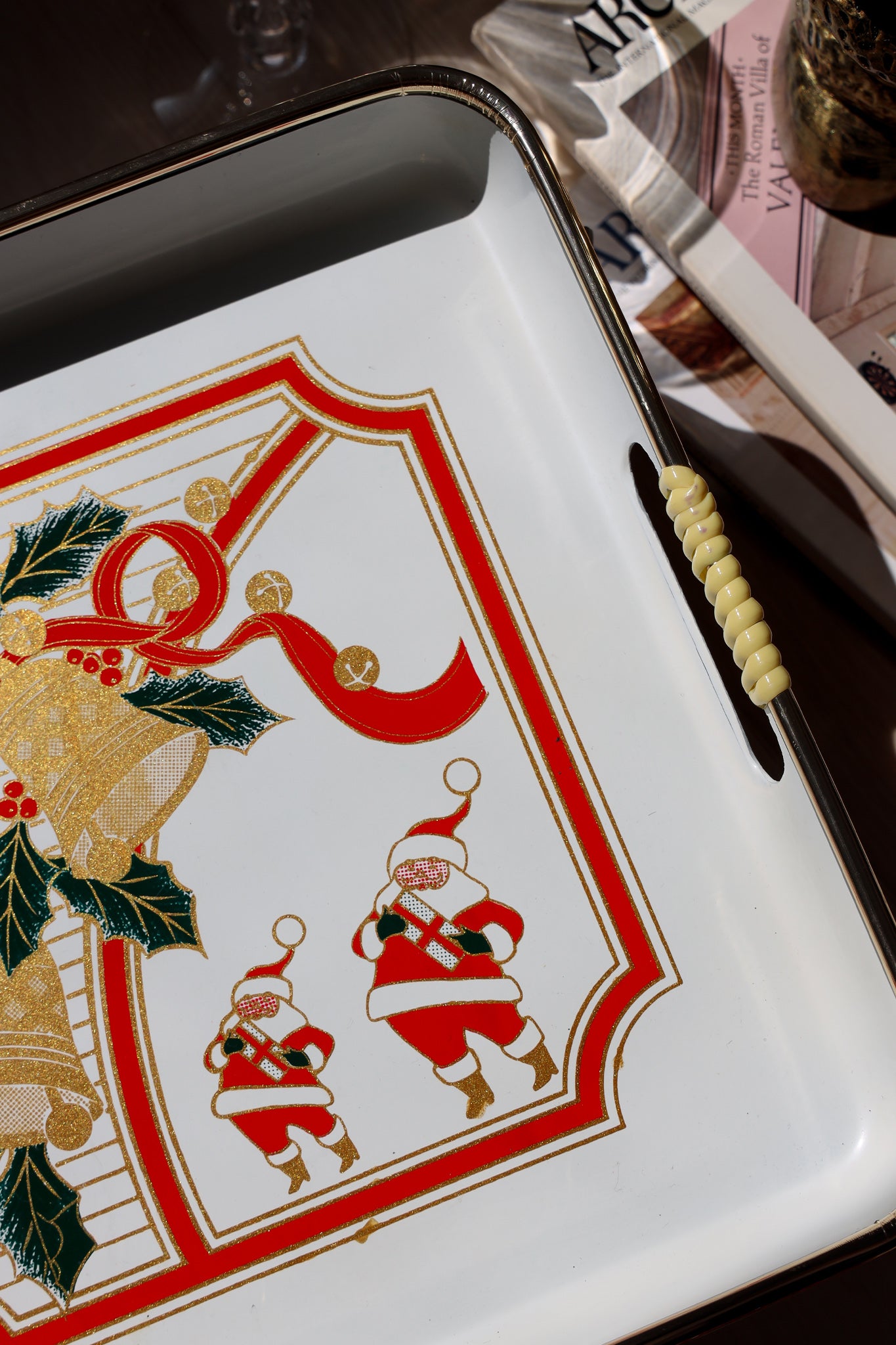 Vintage Holiday Bells & Santa Metal Serving Tray