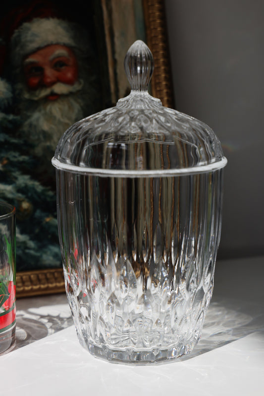 Vintage Cut-Glass Lidded Candy Jar — Diamond Ripple Pattern