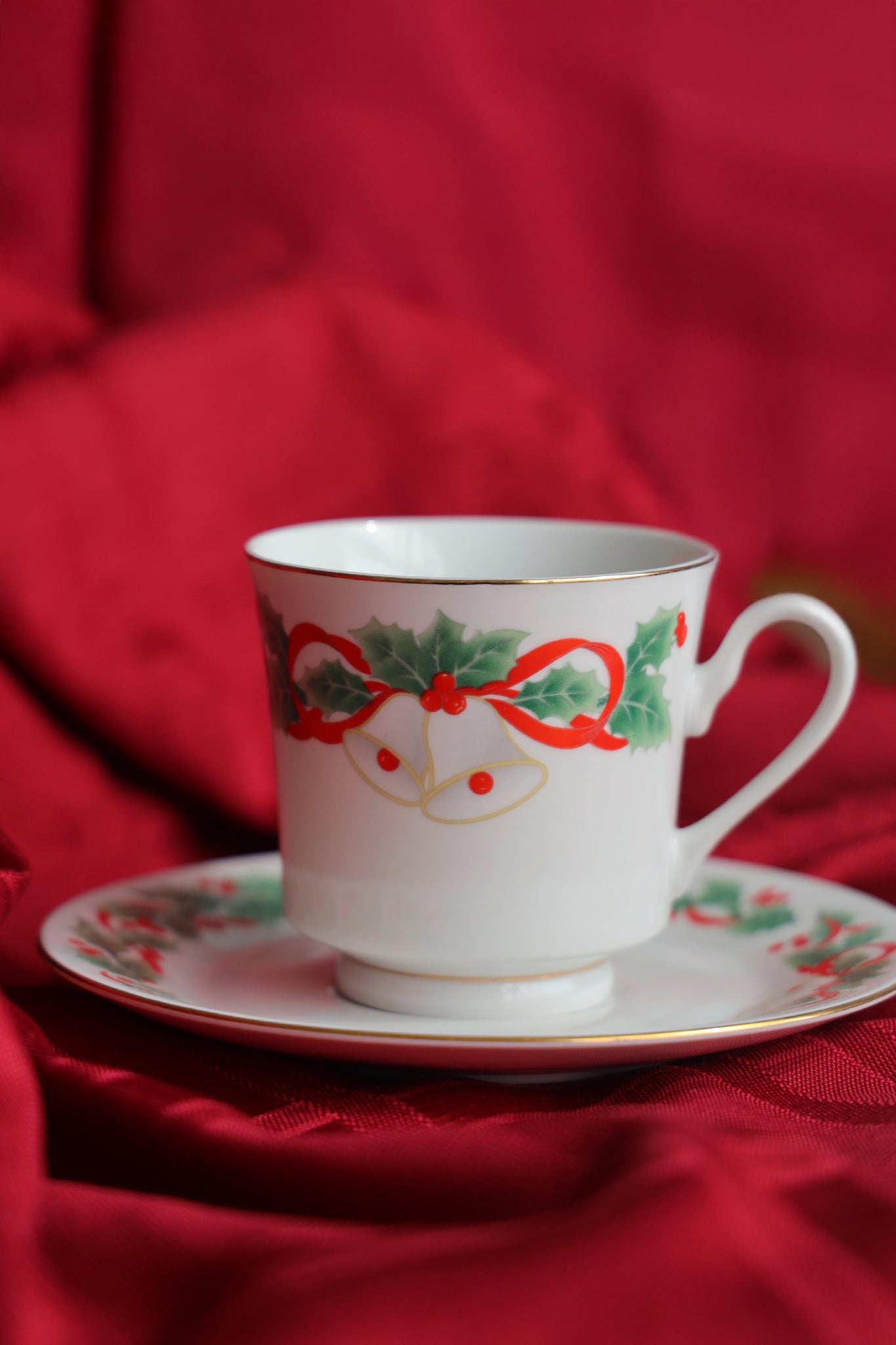 Holly Bells Holiday Teacup & Saucer