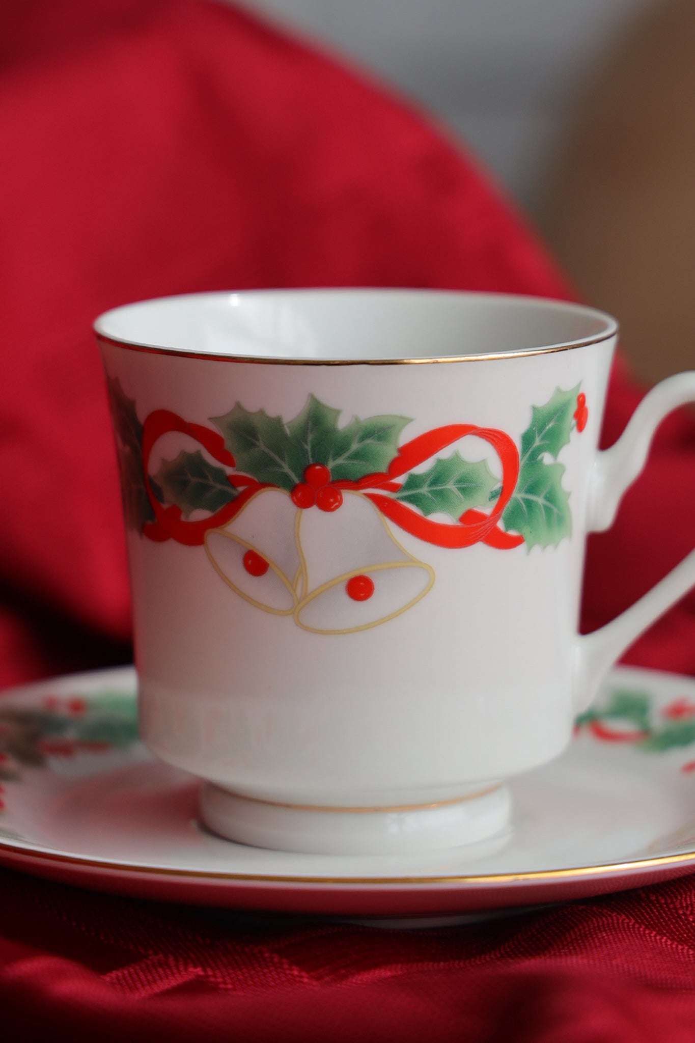 Holly Bells Holiday Teacup & Saucer