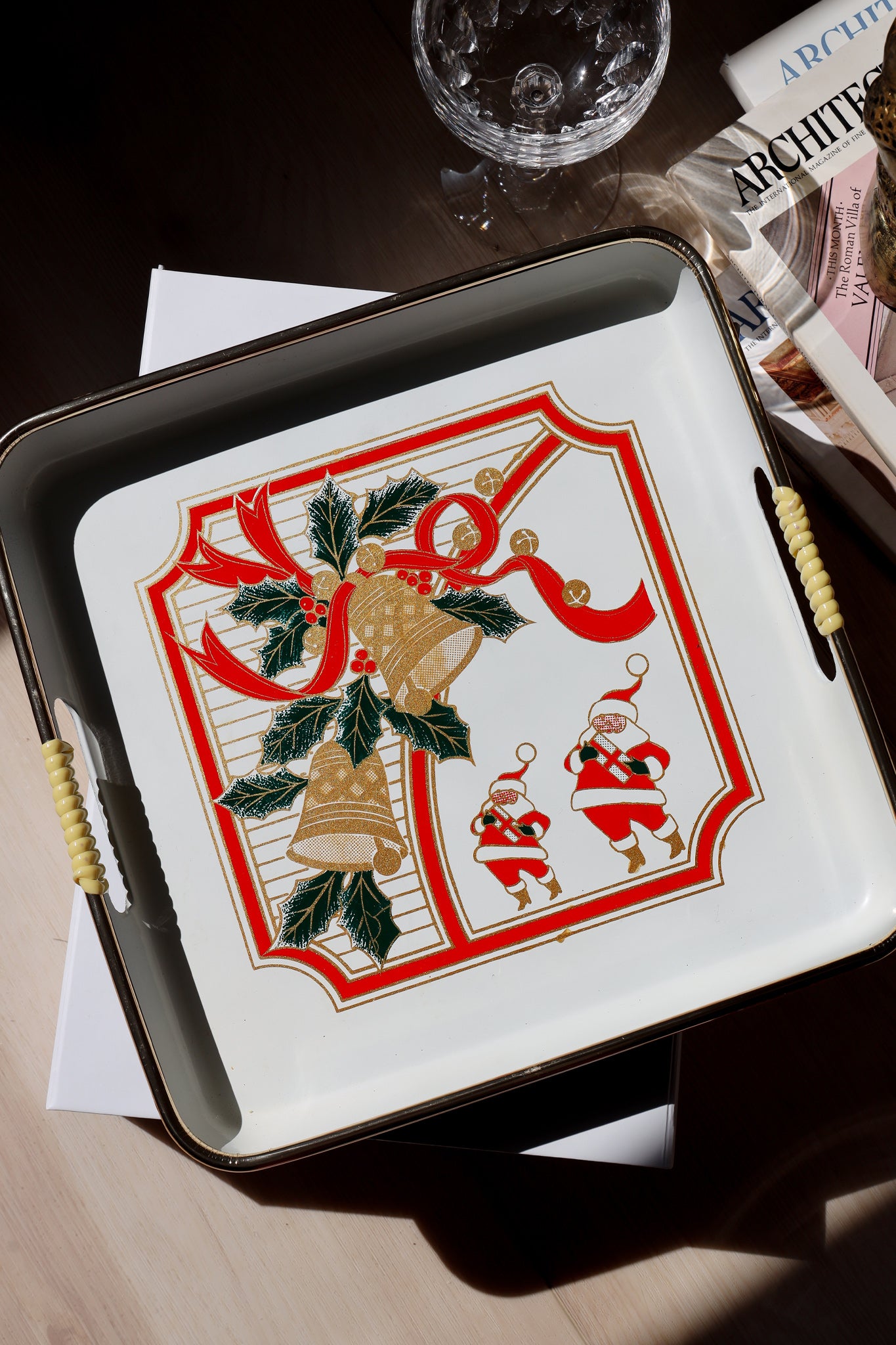 Vintage Holiday Bells & Santa Metal Serving Tray